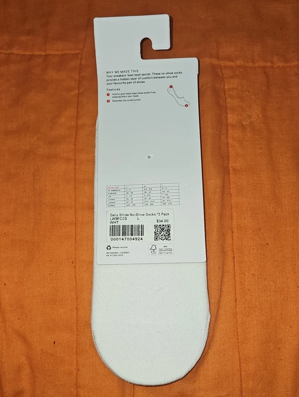 Lululemon Daily Essentials Daily Stride No Show Socks!! Sz Large, White & Black!